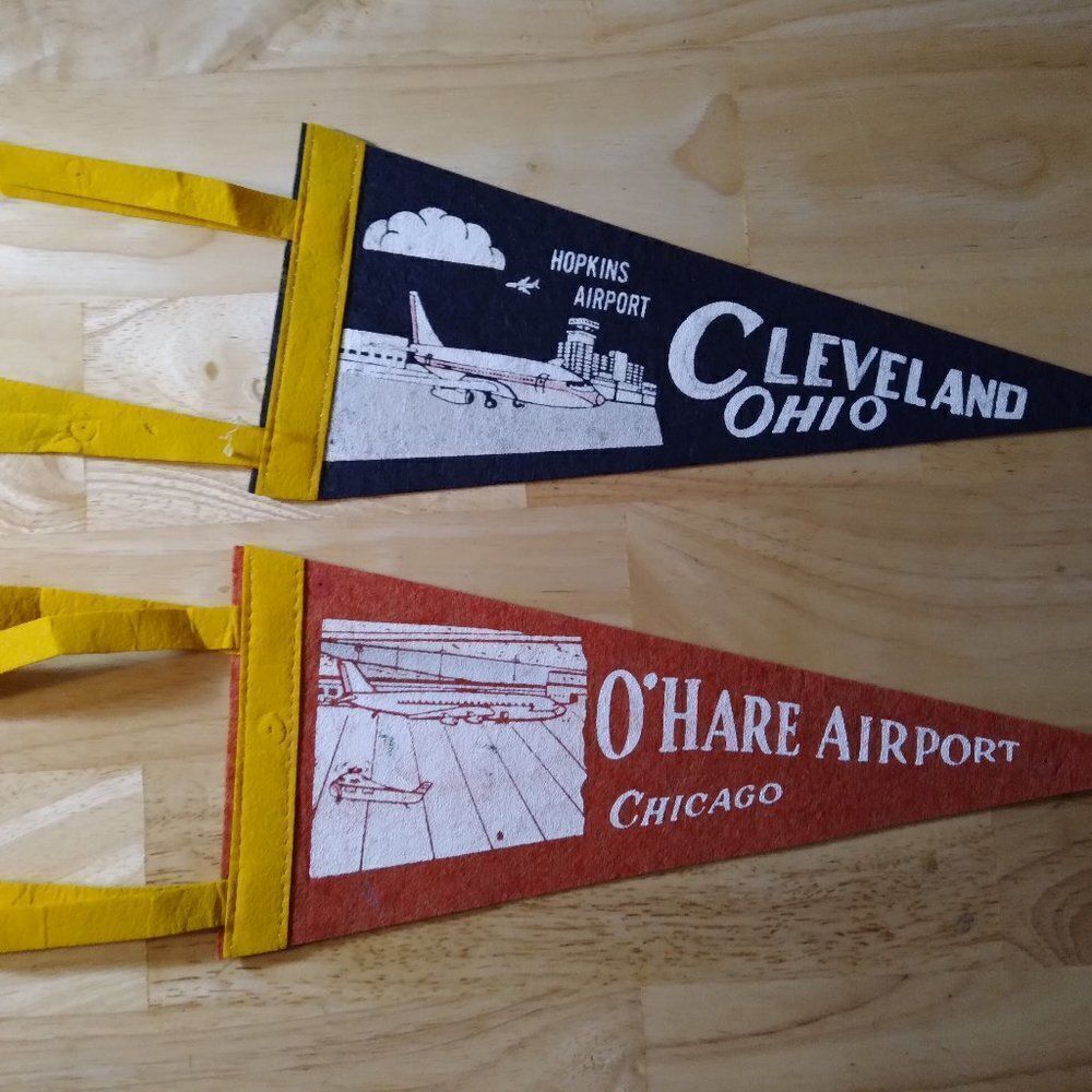 Vintage O'Hare Airport Hopkins Chicago Cleveland Pennant Flag Lot